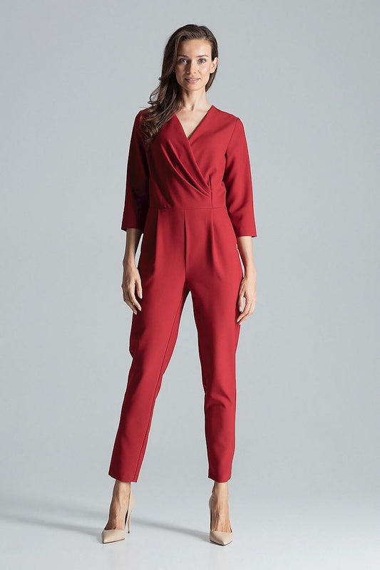 Luxurious maroon polyester jumpsuit with envelope neckline and pleated waist by Figl, showcasing elegance and style.