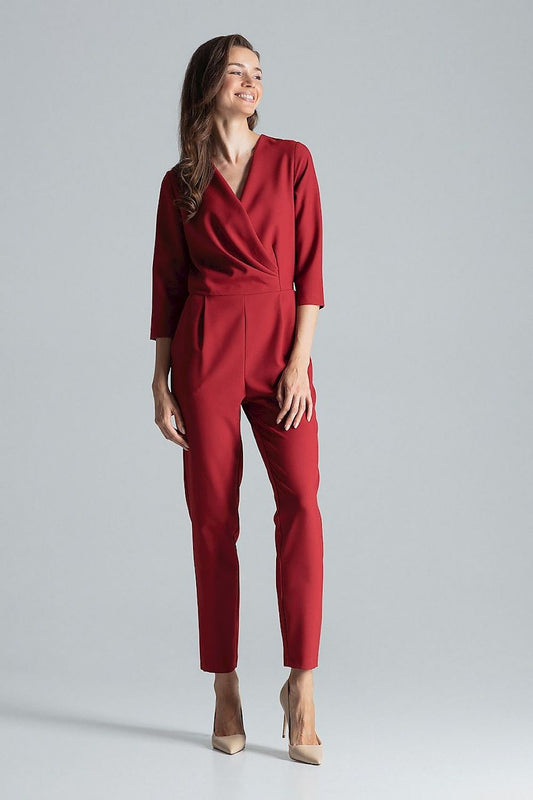 Stylish envelope neckline and pleated waist detail of luxurious maroon jumpsuit by Figl, perfect for sophisticated occasions.