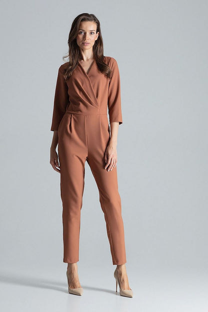 Chic maroon jumpsuit with envelope neckline by Figl, designed for fashion-forward women looking for luxury.