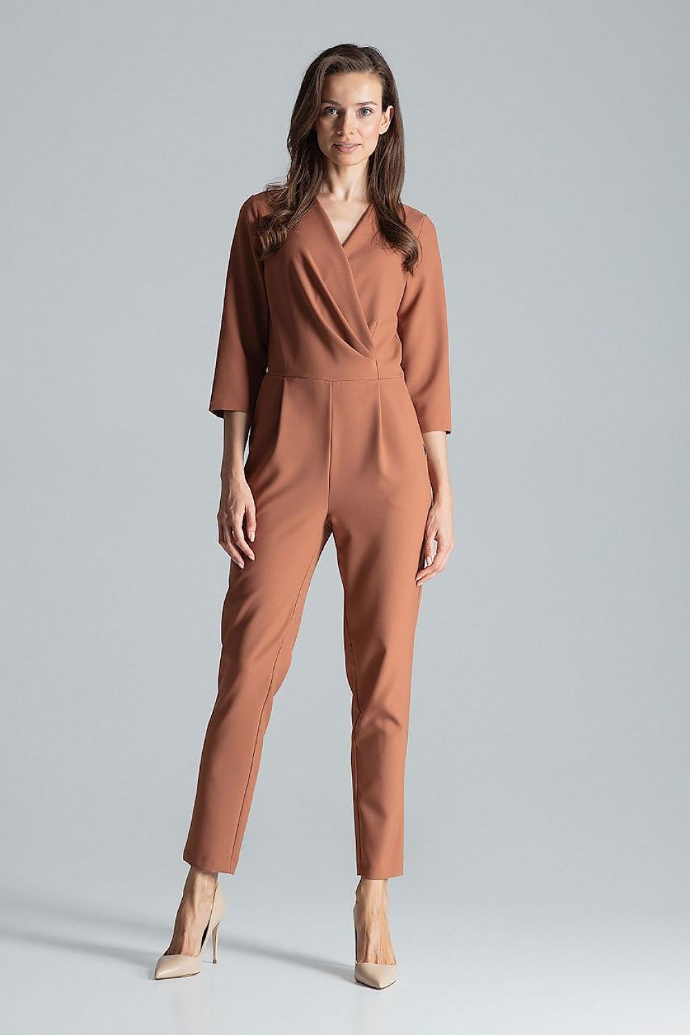 Luxurious maroon polyester jumpsuit with envelope neckline and pleated waist by Figl showcased on a model.
