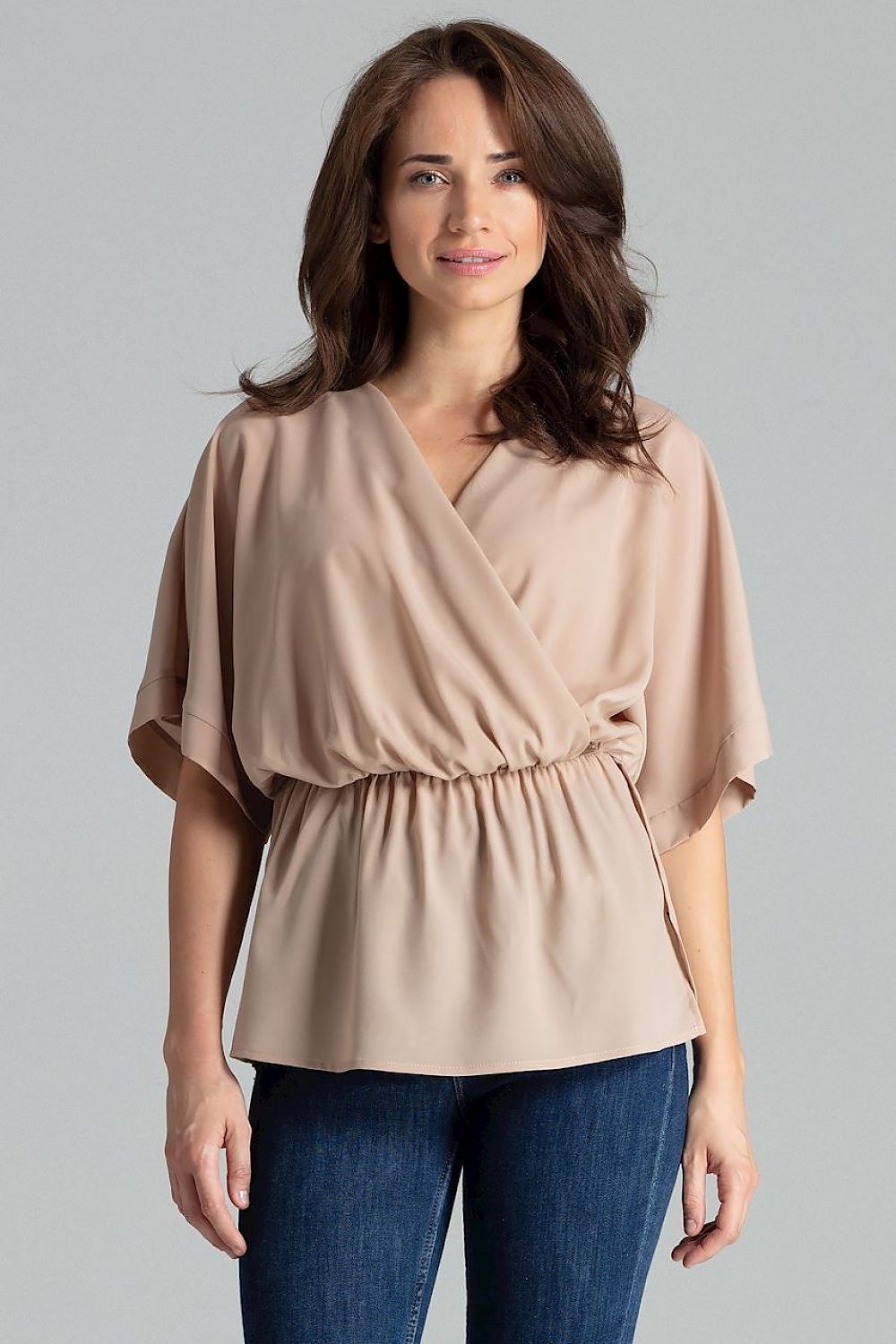 Elegant Lenitif Beige Loose-Fitting Blouse with Kimono Sleeves and Waist Elastic - a luxurious casual top featuring a sophisticated envelope neckline and comfortable design, perfect for any stylish occasion.