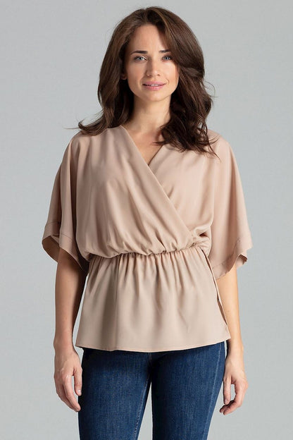 Elegant Lenitif Beige Loose-Fitting Blouse with Kimono Sleeves and Waist Elastic - a luxurious casual top featuring a sophisticated envelope neckline and comfortable design, perfect for any stylish occasion.