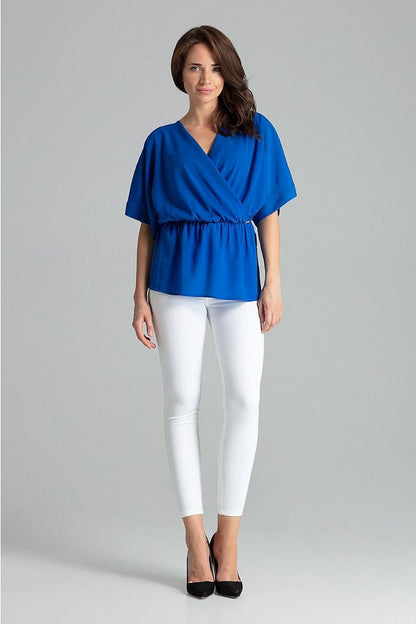 Lenitif Beige Loose-Fitting Blouse with Kimono Sleeves and Waist Elastic - Elegant Casual Top displayed on a model showcasing its relaxed fit and sophisticated design.