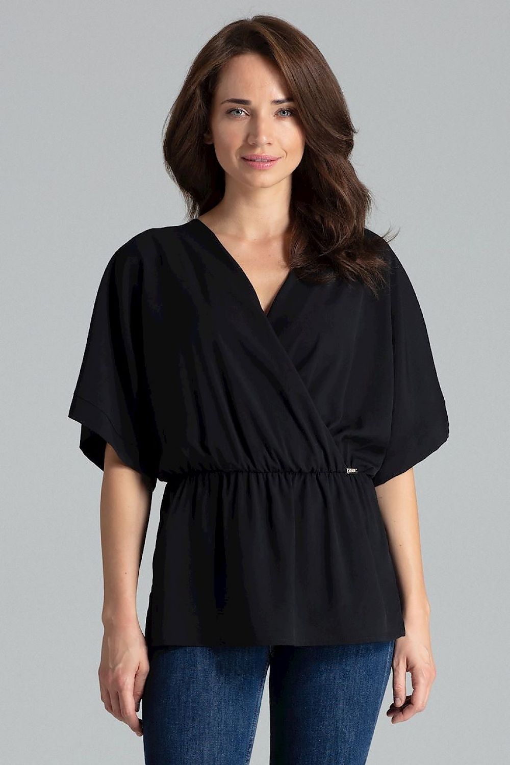 Lenitif Beige Loose-Fitting Blouse with Kimono Sleeves and Waist Elastic - Elegant Casual Top styled on a mannequin, showcasing its luxurious fabric and airy design.