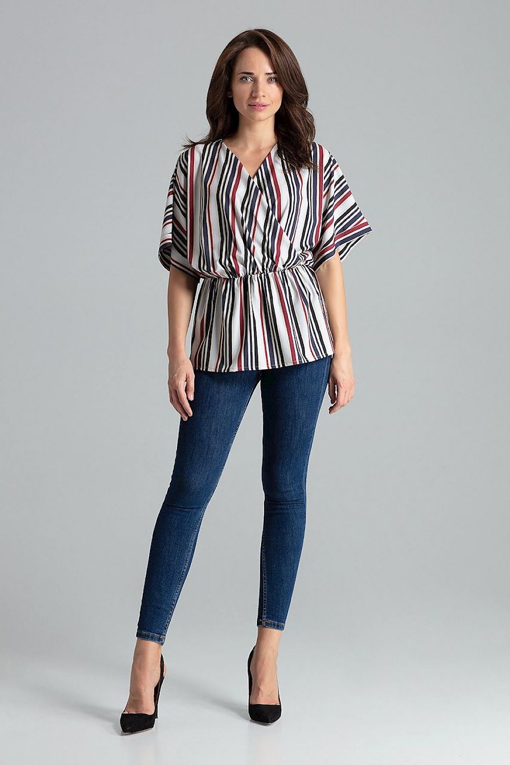 Lenitif Beige Loose-Fitting Blouse with Kimono Sleeves and Waist Elastic - Elegant Casual Top displayed on a mannequin, showcasing its luxurious design and comfort.