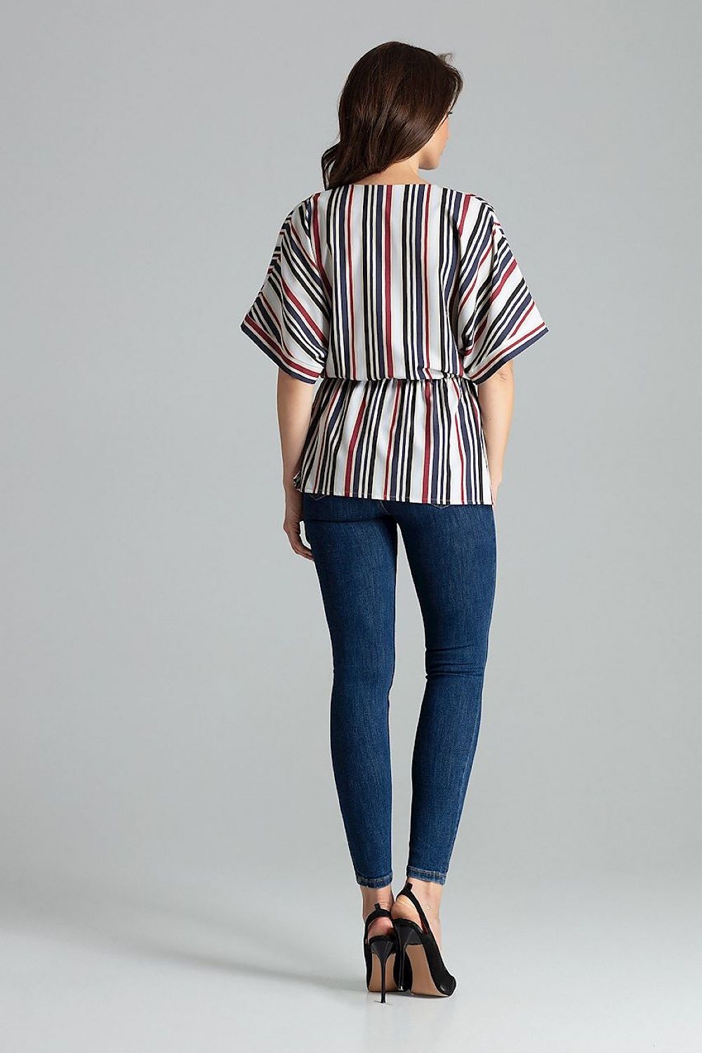 Close-up of Lenitif Beige Loose-Fitting Blouse with Kimono Sleeves and Waist Elastic - Elegant Casual Top, highlighting the refined fabric texture and stylish envelope neckline.