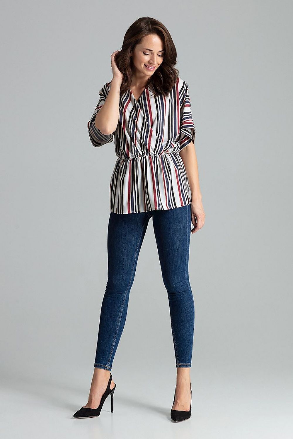 Fashion model wearing Lenitif Beige Loose-Fitting Blouse with Kimono Sleeves and Waist Elastic - Elegant Casual Top, exuding elegance and sophistication.