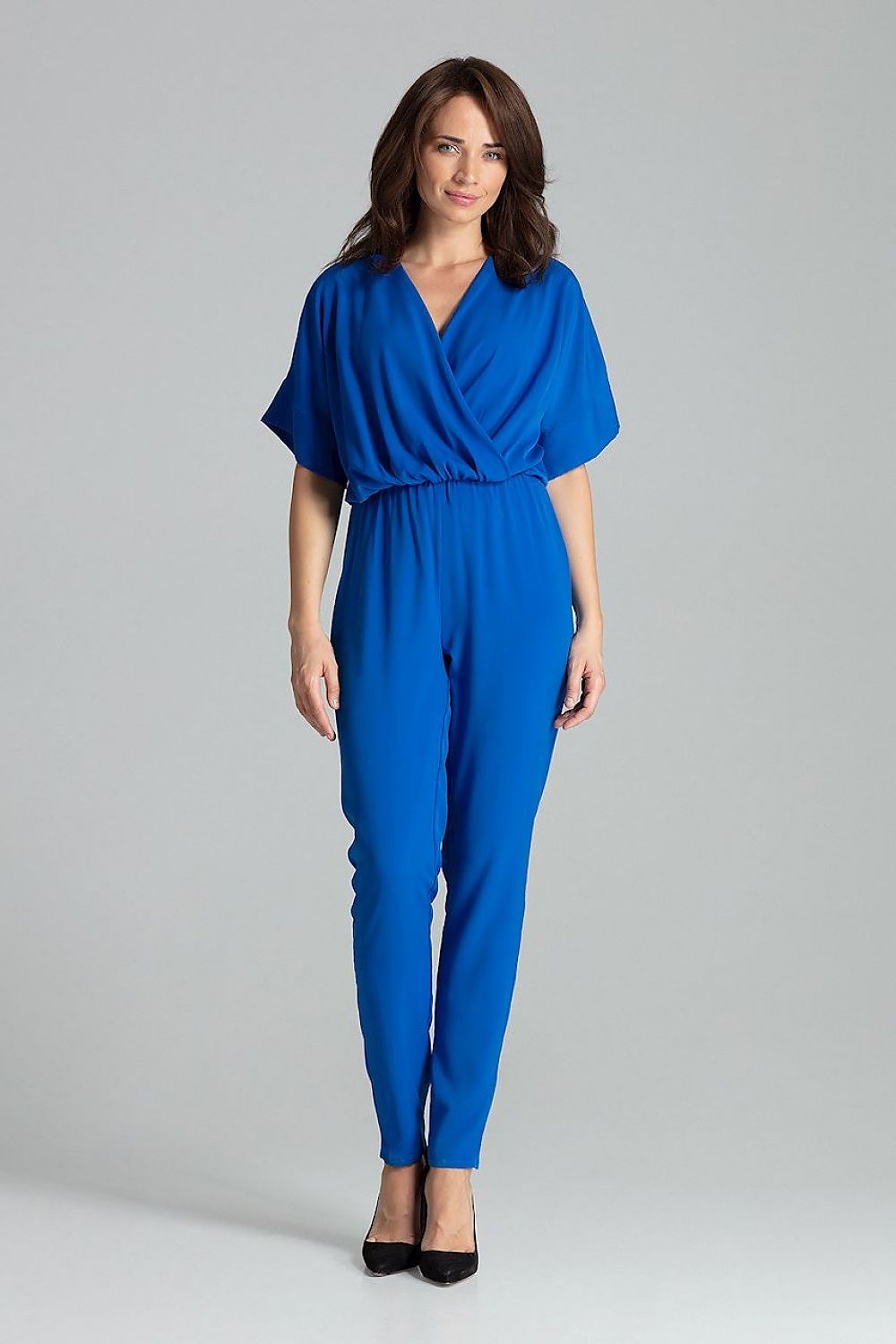 Luxury Sapphire Jumpsuit with Kimono Sleeves by Lenitif, showcasing elegant long straight pants and a stylish envelope neckline.