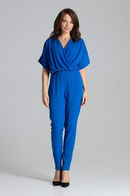 Luxury Sapphire Jumpsuit with Kimono Sleeves by Lenitif, showcasing elegant long straight pants and a stylish envelope neckline.