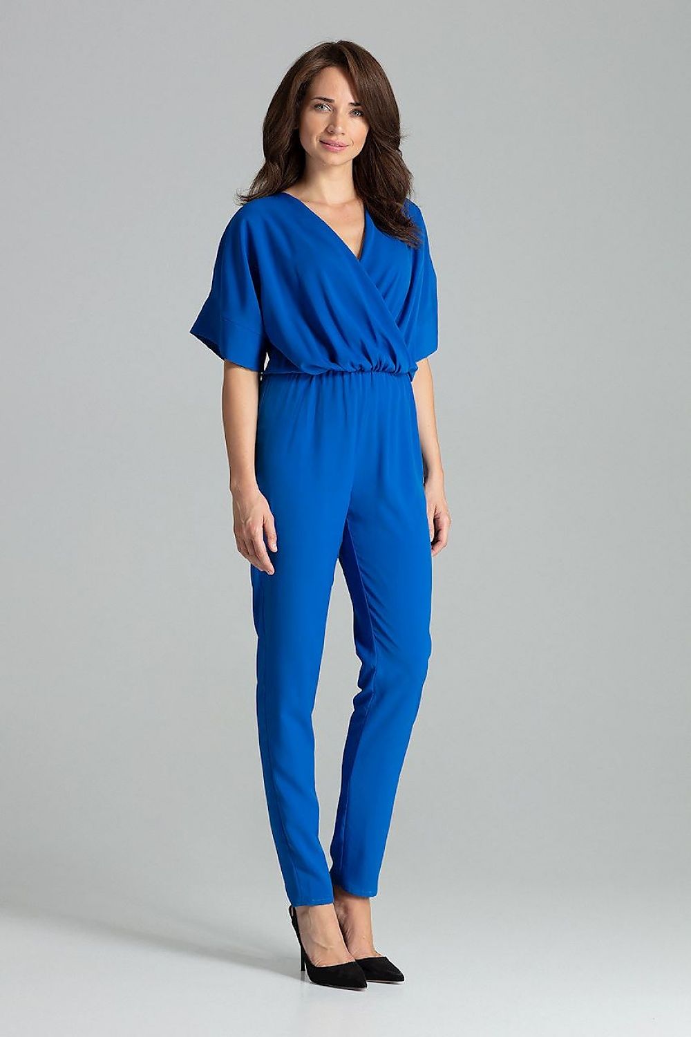 Luxury Sapphire Jumpsuit with Kimono Sleeves and Elastic Waist by Lenitif, showcasing elegant design and luxurious fabric.