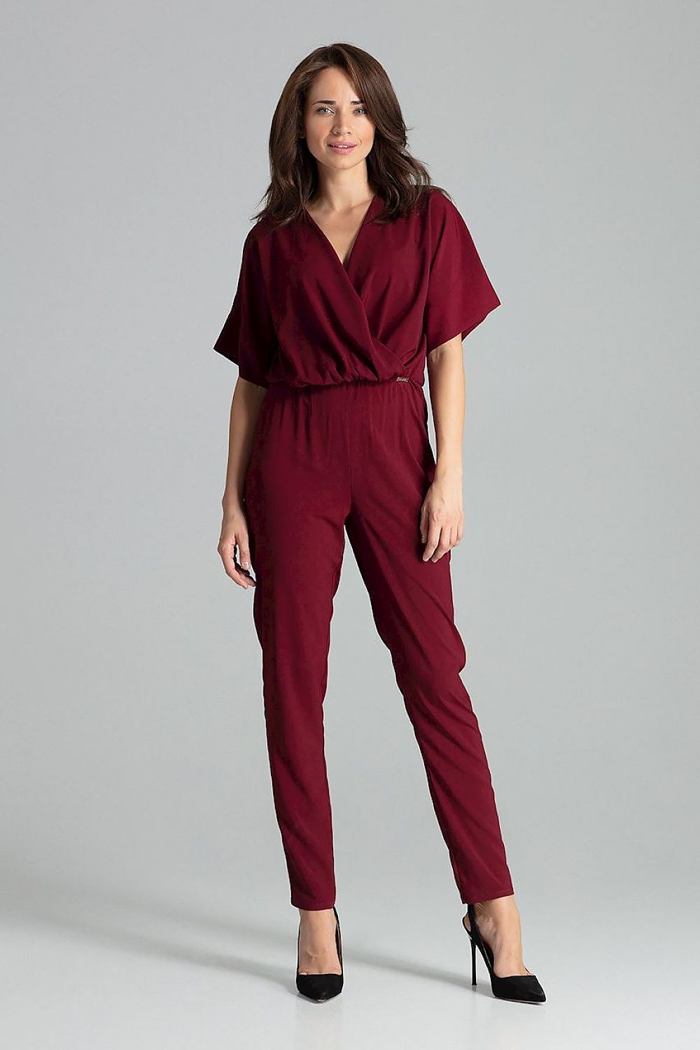 Detail view of Luxury Sapphire Jumpsuit with Kimono Sleeves and Elastic Waist by Lenitif, highlighting the unique kimono sleeve and waist design.