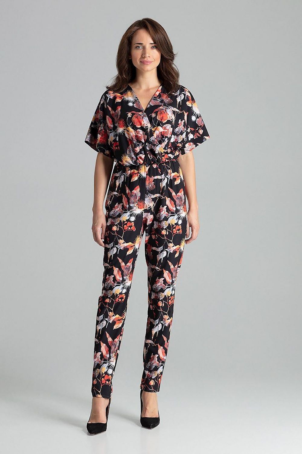 Luxury Sapphire Jumpsuit with Kimono Sleeves and Elastic Waist by Lenitif - Front view showcasing the elegant envelope neckline and cuffed sleeves.
