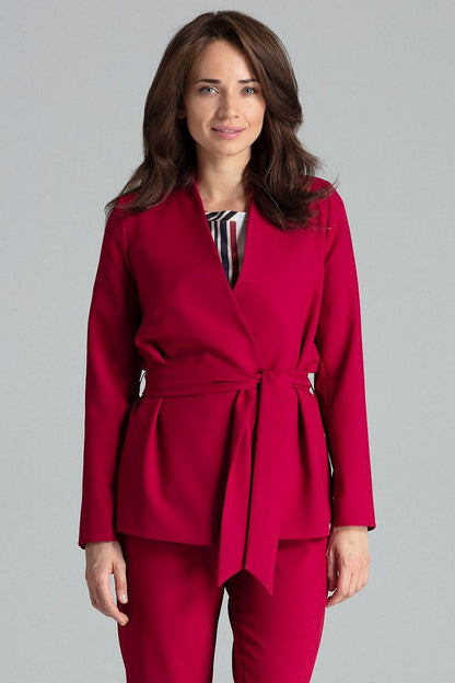 Fashionable Elegant Lilac Asymmetrical Jacket by Lenitif without pockets, elegantly draped on a model.