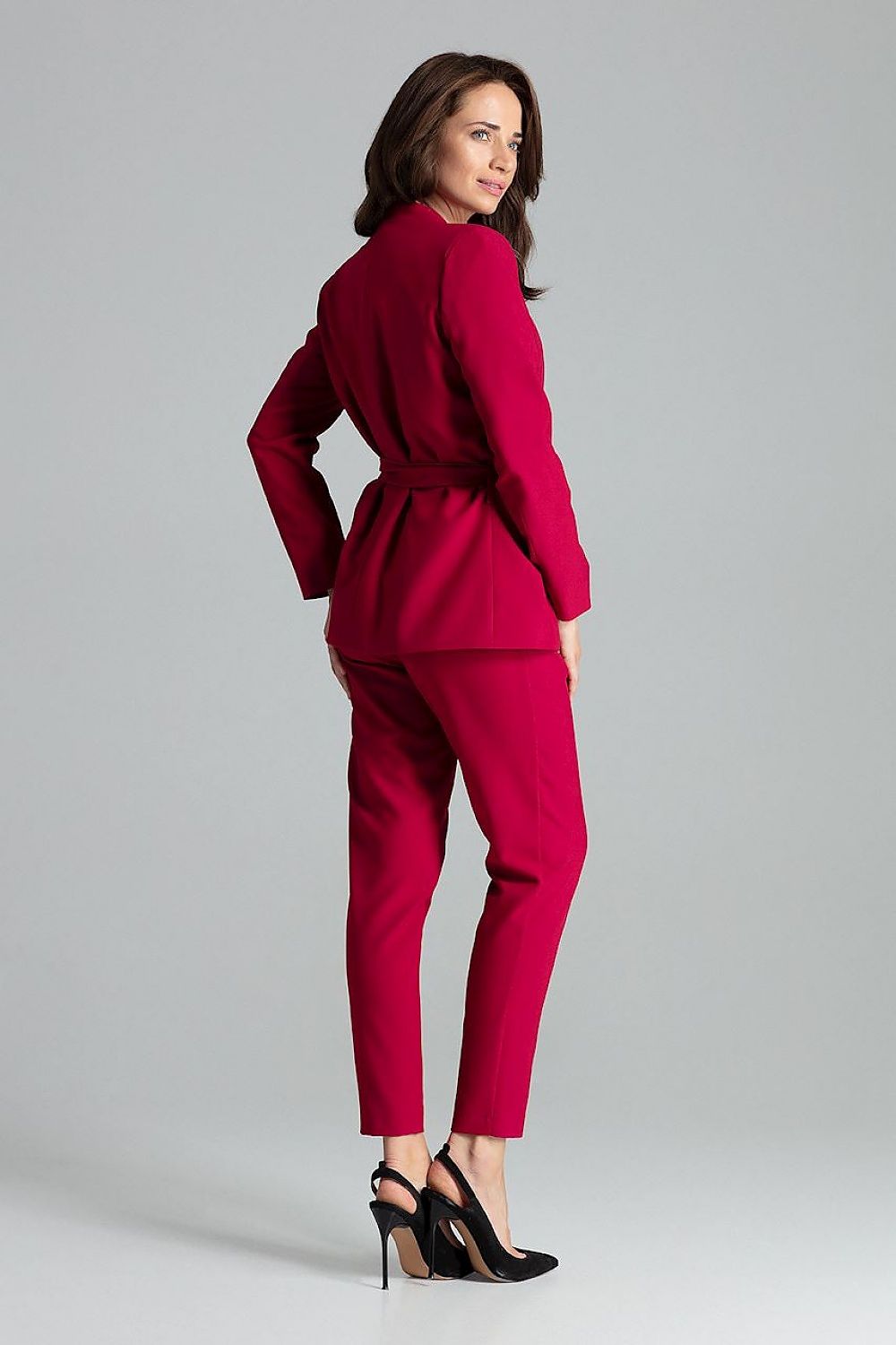 Elegant Lilac Asymmetrical Jacket by Lenitif with Waist Sash, showcasing luxurious polyester fabric.