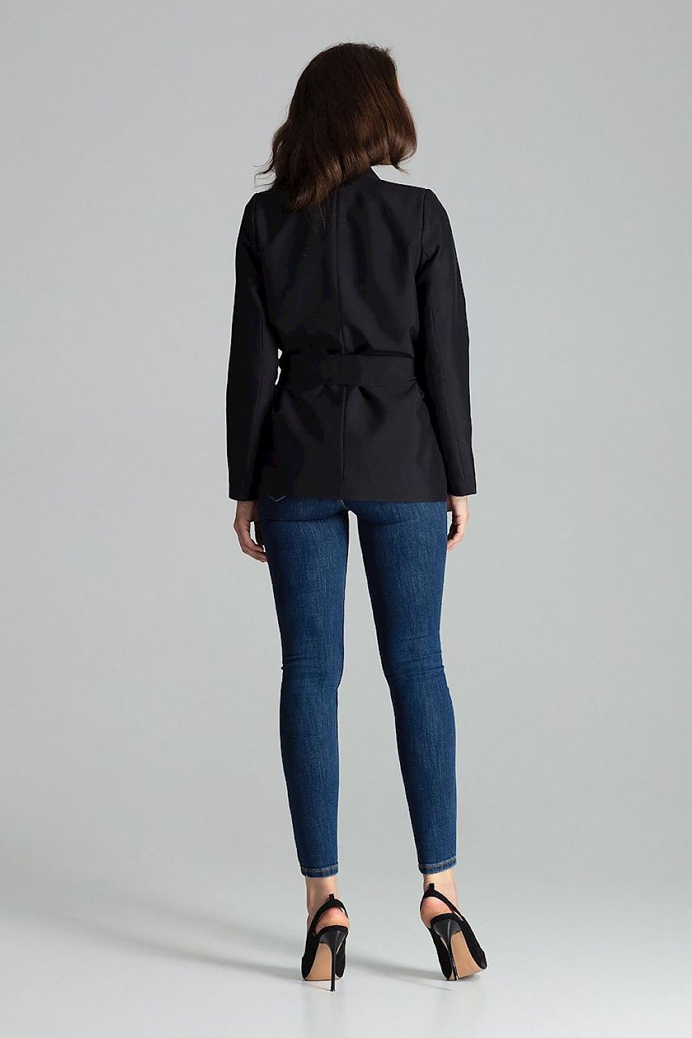 Model wearing the Elegant Lilac Asymmetrical Jacket by Lenitif with Waist Sash, illustrating a luxe outfit.