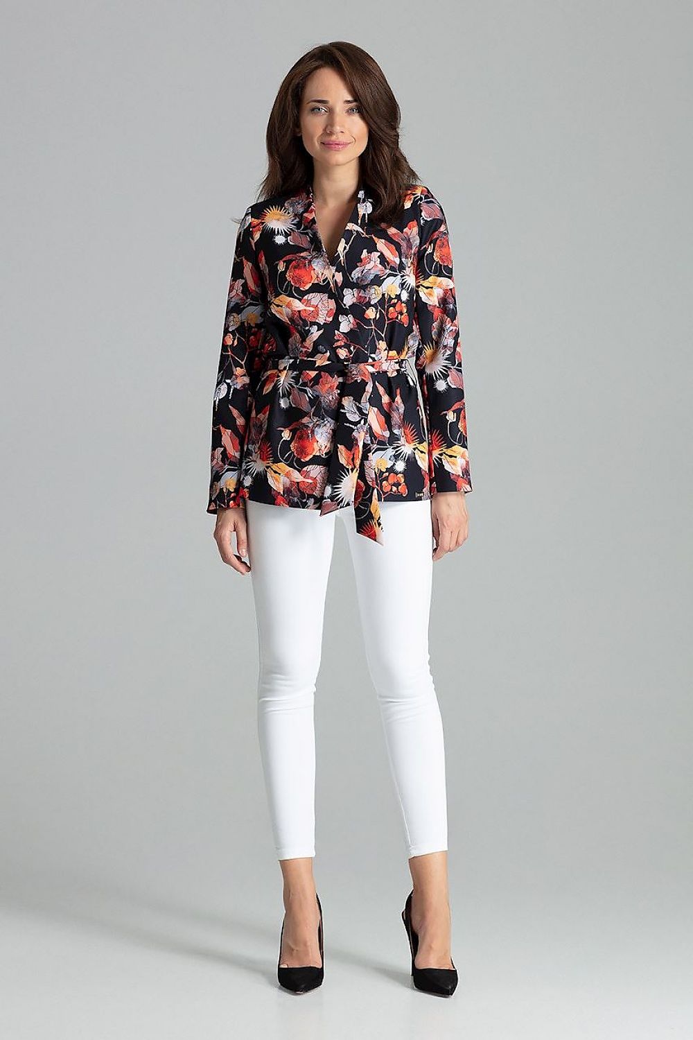 Elegant Lilac Asymmetrical Jacket by Lenitif with Waist Sash - Close-up of the sophisticated fabric and stylish waist sash detail on a polyester jacket with a chic asymmetrical cut.