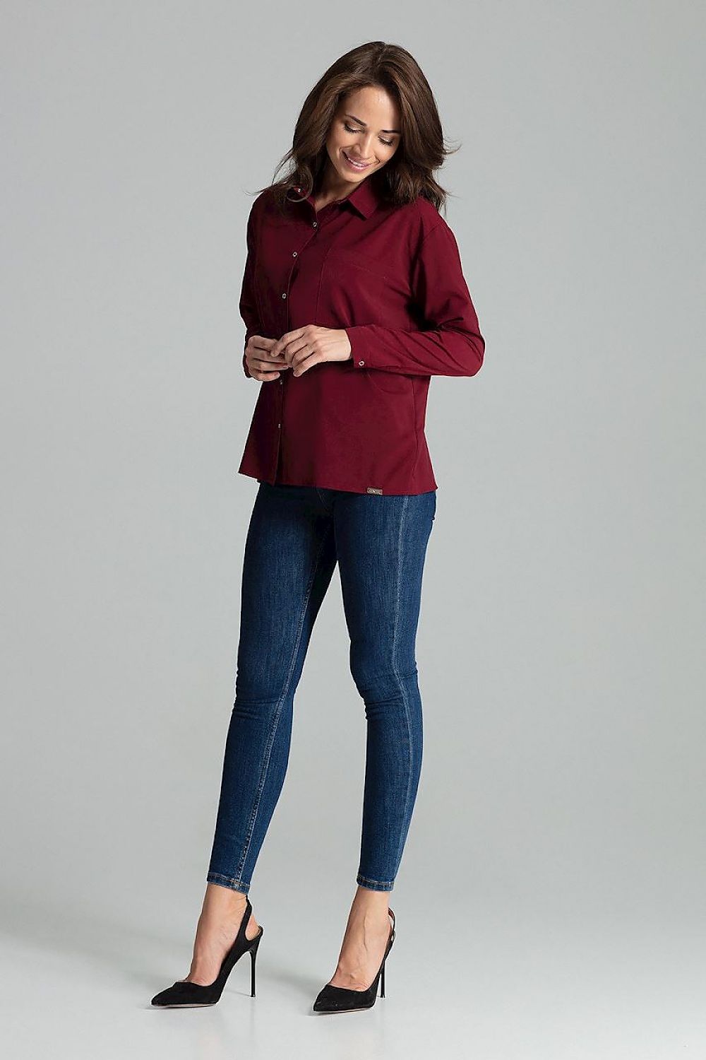 Elegant Lenitif Long Sleeve Button-Up Shirt featuring a chic pocket design, crafted from premium spandex-blend fabric.