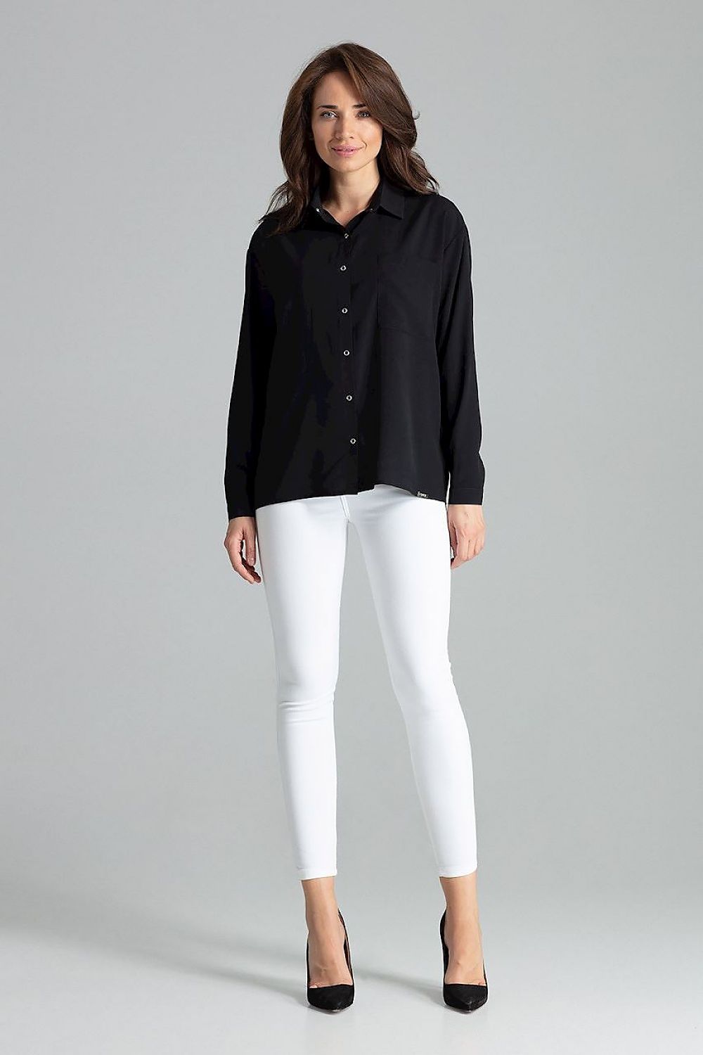 Sleek and stylish Lenitif Long Sleeve Button-Up Shirt, expertly made from a fine spandex-blend fabric for comfort and elegance.