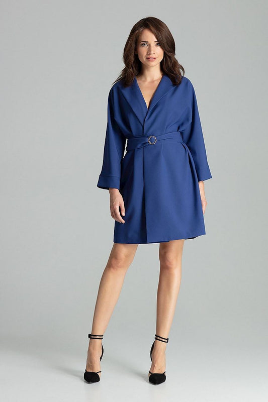 Luxurious Sapphire Loose-Fitting Daydress Jacket by Lenitif featuring a gold buckle belt, perfect for elegant occasions.