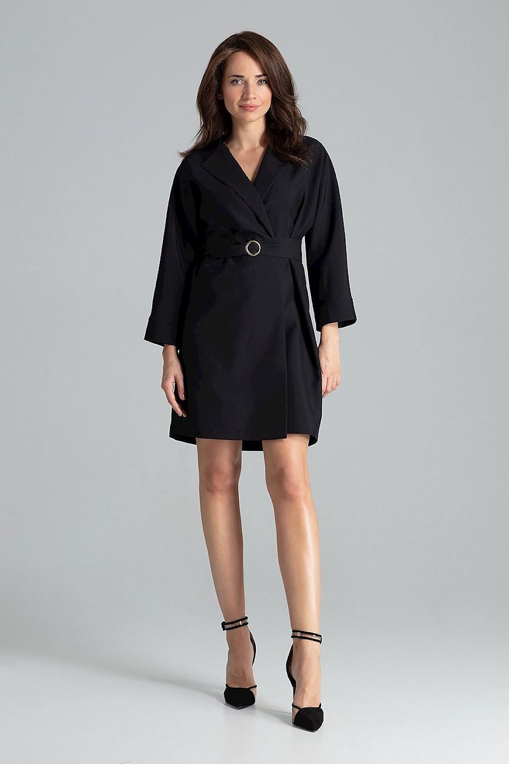 Sapphire loose-fitting daydress jacket with gold buckle belt by Lenitif, showcasing classic lapels and elegant silhouette.