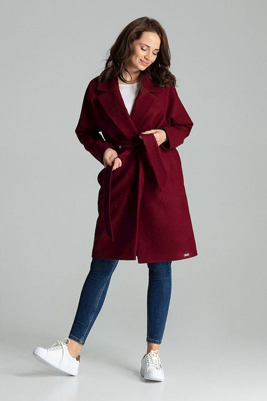 Lenitif Maroon Classic Coat With Wide Lapels And Belted Waist - Luxurious Polyester Blend, showcasing its elegant design and rich colour, perfect for a sophisticated wardrobe.