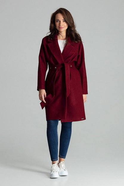 Lenitif Maroon Classic Coat With Wide Lapels And Belted Waist - Luxurious Polyester Blend, elegantly displayed on a model, highlighting the sophisticated design and rich maroon colour.