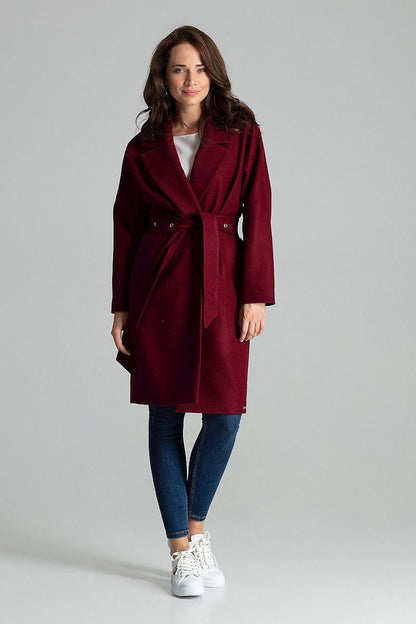 Side view of Lenitif Maroon Classic Coat With Wide Lapels And Belted Waist, featuring the stylish wide lapels and flattering fit, perfect for a sophisticated look.