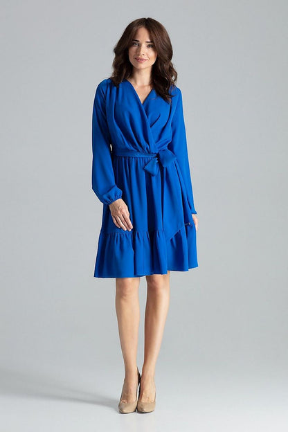 Elegant Beige Midi Dress with Long Sleeves, Ruffle Hem and Sash Tie by Lenitif displayed on a model, showcasing its graceful design.