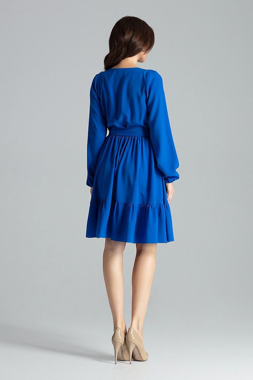 Back view of the Elegant Beige Midi Dress with Long Sleeves, Ruffle Hem and Sash Tie by Lenitif, featuring the elegant ruffle hem and flattering sash tie.