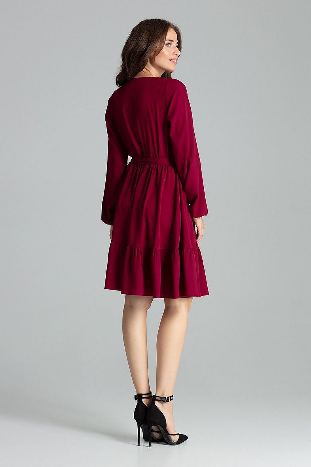 Front view of the Elegant Beige Midi Dress with Long Sleeves, Ruffle Hem and Sash Tie by Lenitif, highlighting the intricate details and flattering silhouette.