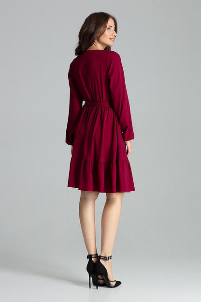 Front view of the Elegant Beige Midi Dress with Long Sleeves, Ruffle Hem and Sash Tie by Lenitif, highlighting the intricate details and flattering silhouette.