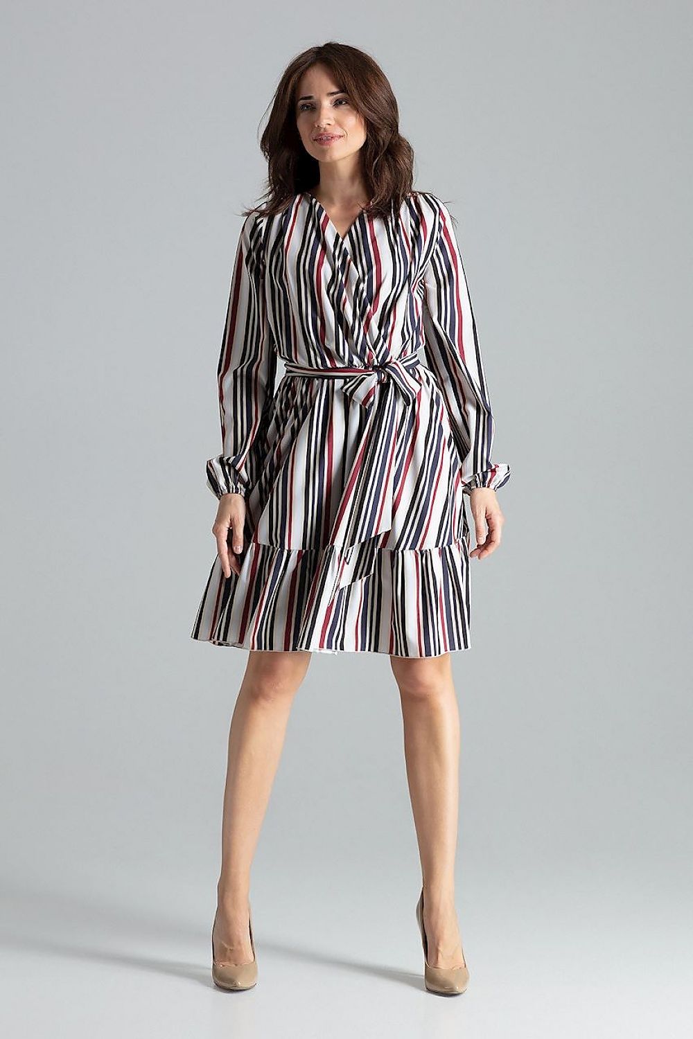 Elegant Beige Midi Dress by Lenitif, featuring a ruffle hem and long sleeves, ideal for any formal event.