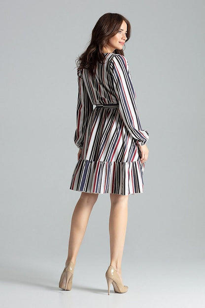 Full view of the Elegant Beige Midi Dress with Ruffle Hem and Sash Tie by Lenitif, a luxurious addition to any wardrobe.