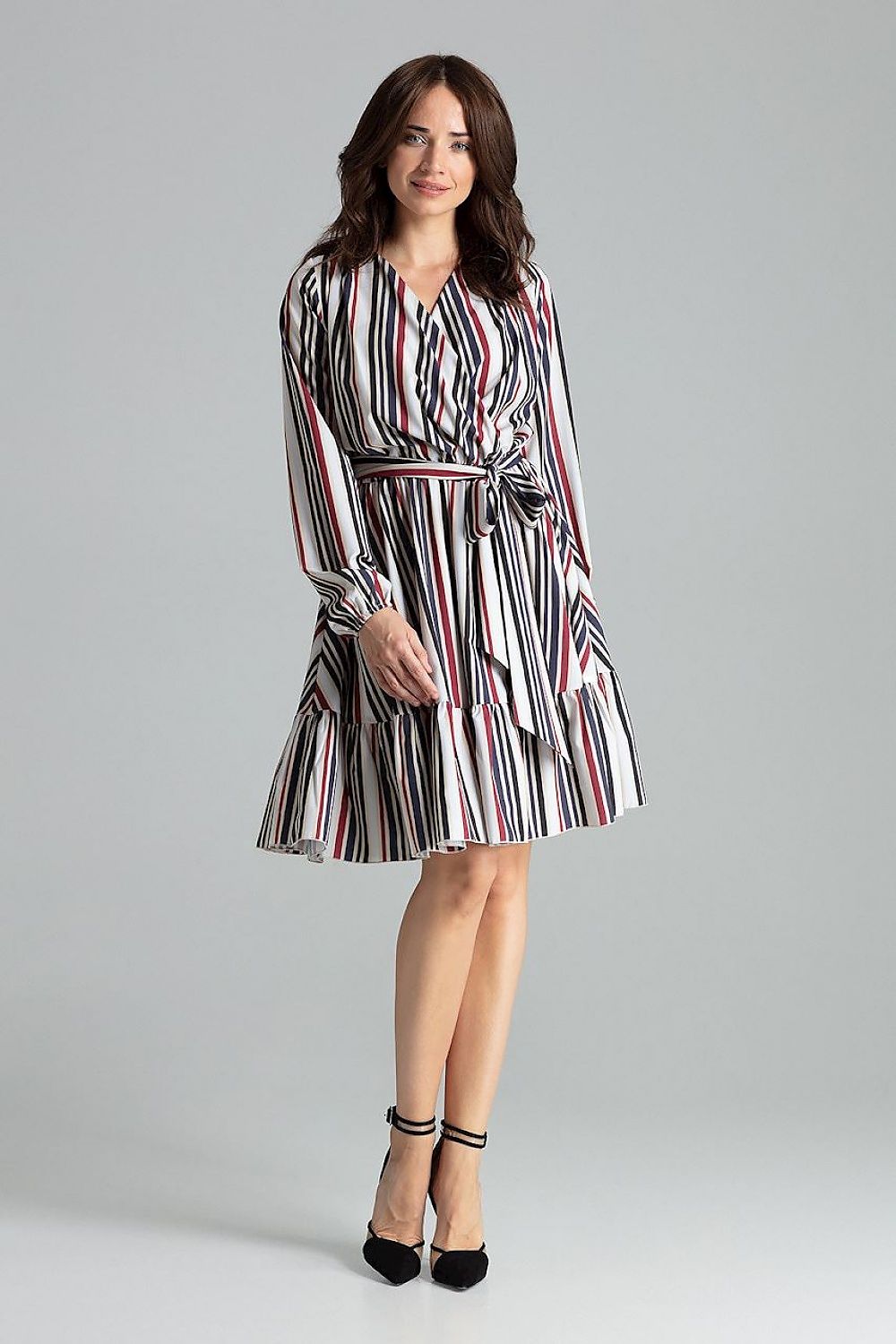 Elegant Beige Midi Dress with Long Sleeves, Ruffle Hem and Sash Tie by Lenitif - Front view showcasing exquisite design and sophisticated style.