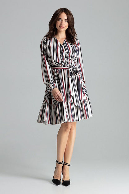 Elegant Beige Midi Dress with Long Sleeves, Ruffle Hem and Sash Tie by Lenitif - Front view showcasing exquisite design and sophisticated style.