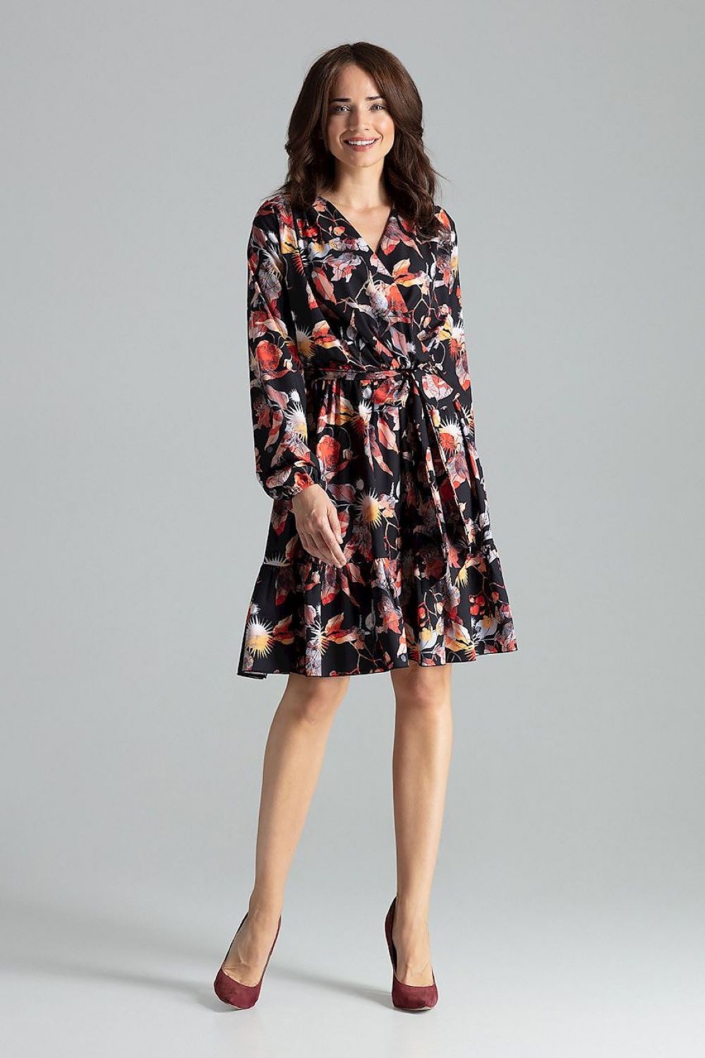 Elegant Beige Midi Dress with Long Sleeves, Ruffle Hem and Sash Tie by Lenitif - Close-up detail capturing the luxurious fabric and intricate ruffle hem.