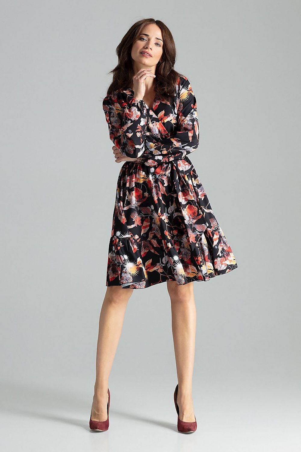 Elegant Beige Midi Dress with Long Sleeves, Ruffle Hem and Sash Tie by Lenitif - Elegant back view highlighting the flattering envelope neckline.