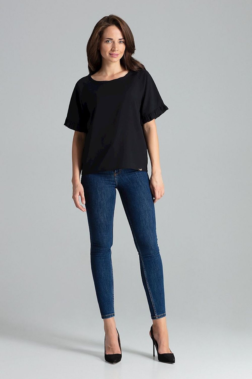 Flat lay of the Sapphire Lenitif Blouse with Frill Sleeves, demonstrating its elegant style and rich fabric composition, designed by Lenitif.