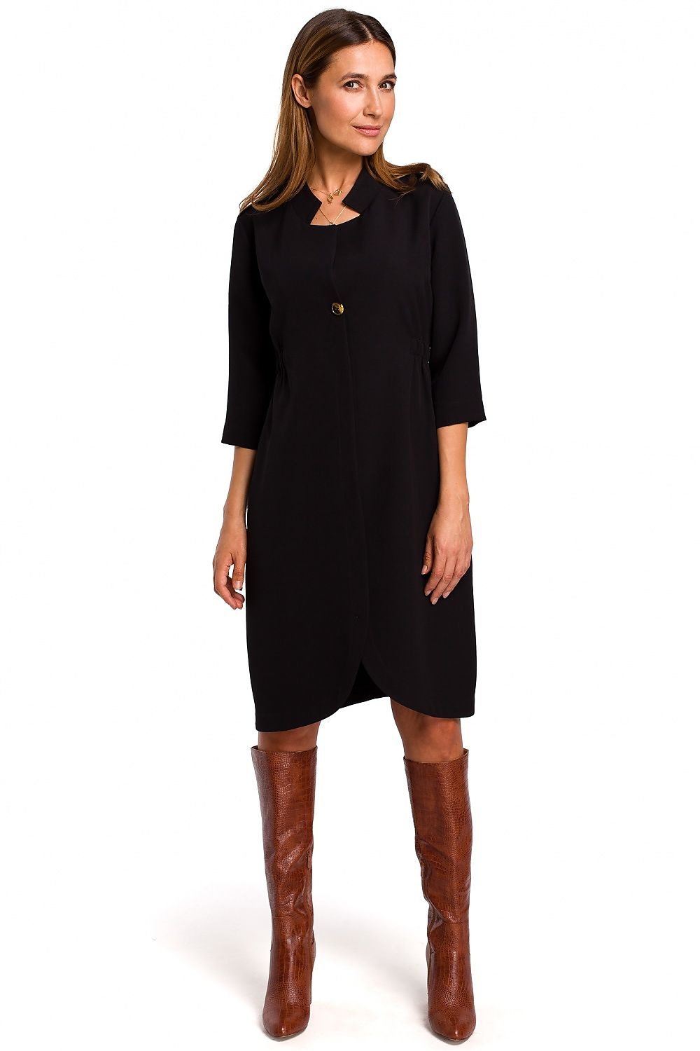 Stylove Elegant Daydress with Unique Jacket Cut displayed on a mannequin, emphasising the luxurious texture and high collar.