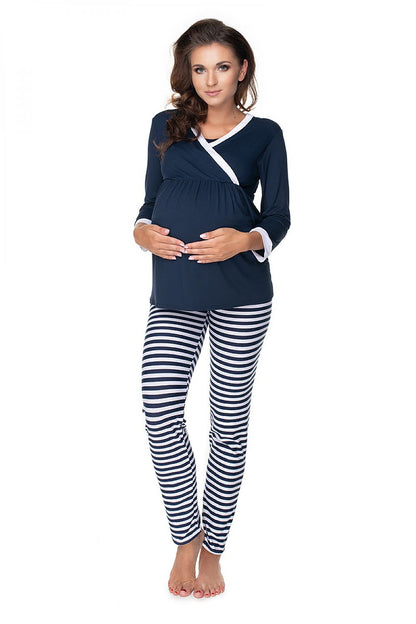 Luxurious navy blue maternity pyjamas for breastfeeding designed by PeeKaBoo, featuring a stylish blouse and non-compressive leggings.