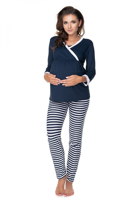 Luxurious navy blue maternity pyjamas for breastfeeding designed by PeeKaBoo, featuring a stylish blouse and non-compressive leggings.