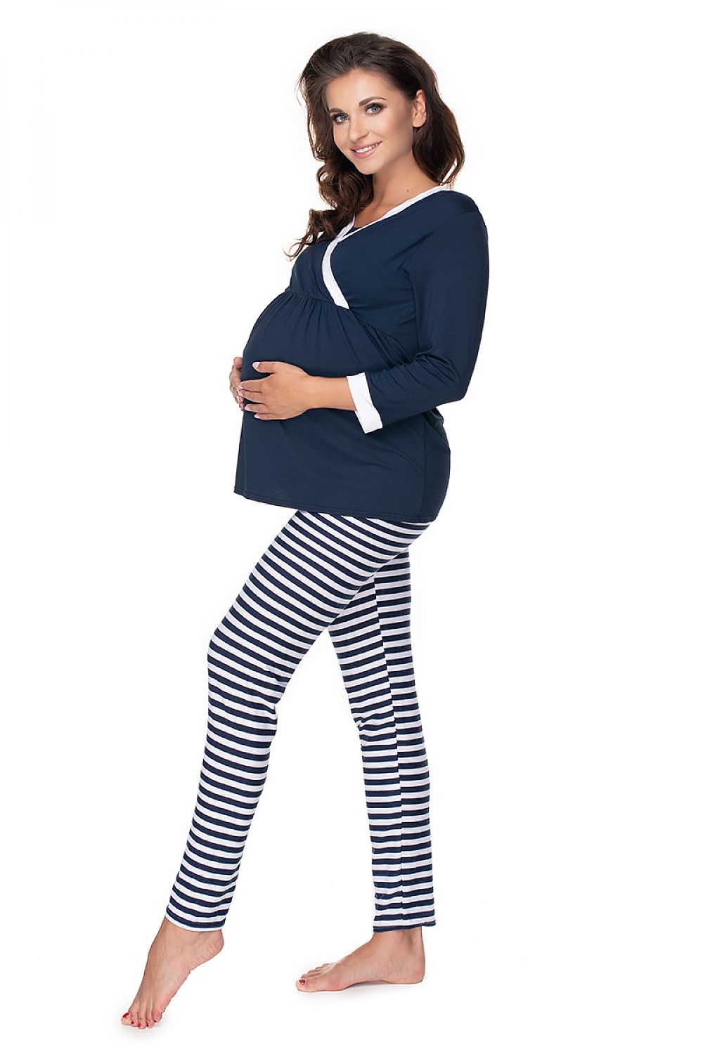Elegant navy blue breastfeeding pyjamas with non-compressive leggings from PeeKaBoo, perfect for expectant mothers.