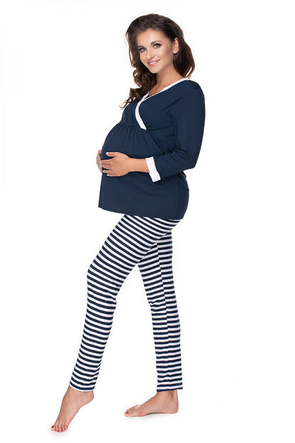 Elegant navy blue breastfeeding pyjamas with non-compressive leggings from PeeKaBoo, perfect for expectant mothers.