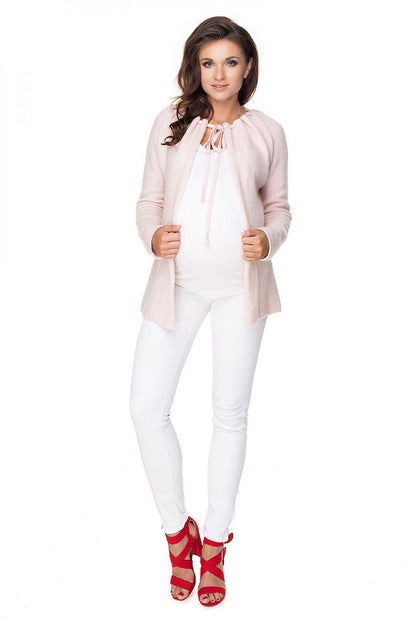 Stylish PeeKaBoo Pregnancy Cardigan featuring a tie at the neck and long sleeves, crafted with a luxurious blend of materials.