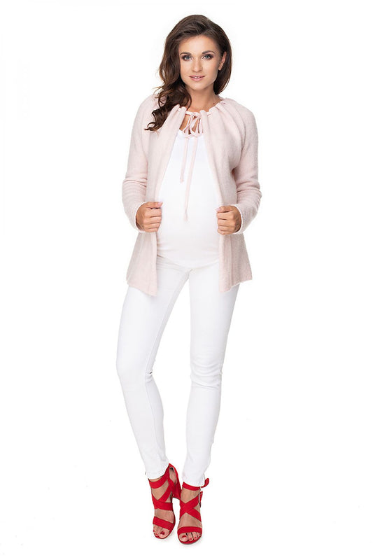 Stylish PeeKaBoo Pregnancy Cardigan featuring a tie at the neck and long sleeves, crafted with a luxurious blend of materials.