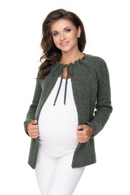 Luxurious PeeKaBoo Pregnancy Cardigan with Tie Neck and Long Sleeves showcasing its elegant design and soft fabric blend of 55% Acrylic.