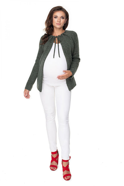 Front view of Luxurious PeeKaBoo Pregnancy Cardigan with Tie Neck and Long Sleeves, highlighting the intricate tie detail and feminine silhouette.