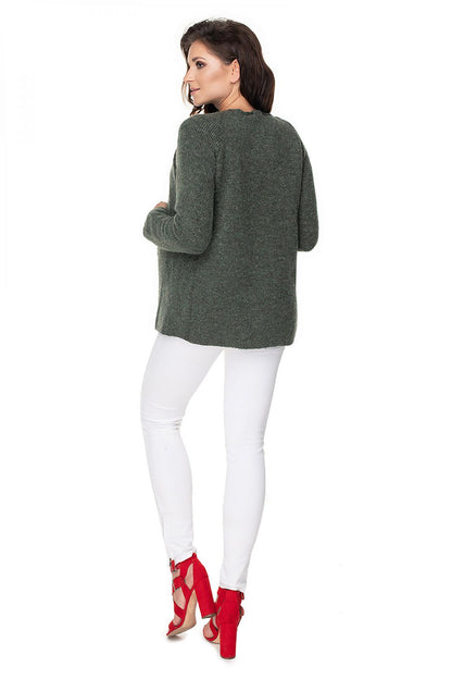 Luxurious PeeKaBoo Pregnancy Cardigan with Tie Neck and Long Sleeves displayed on a model, demonstrating its stylish fit and comfortable wear.
