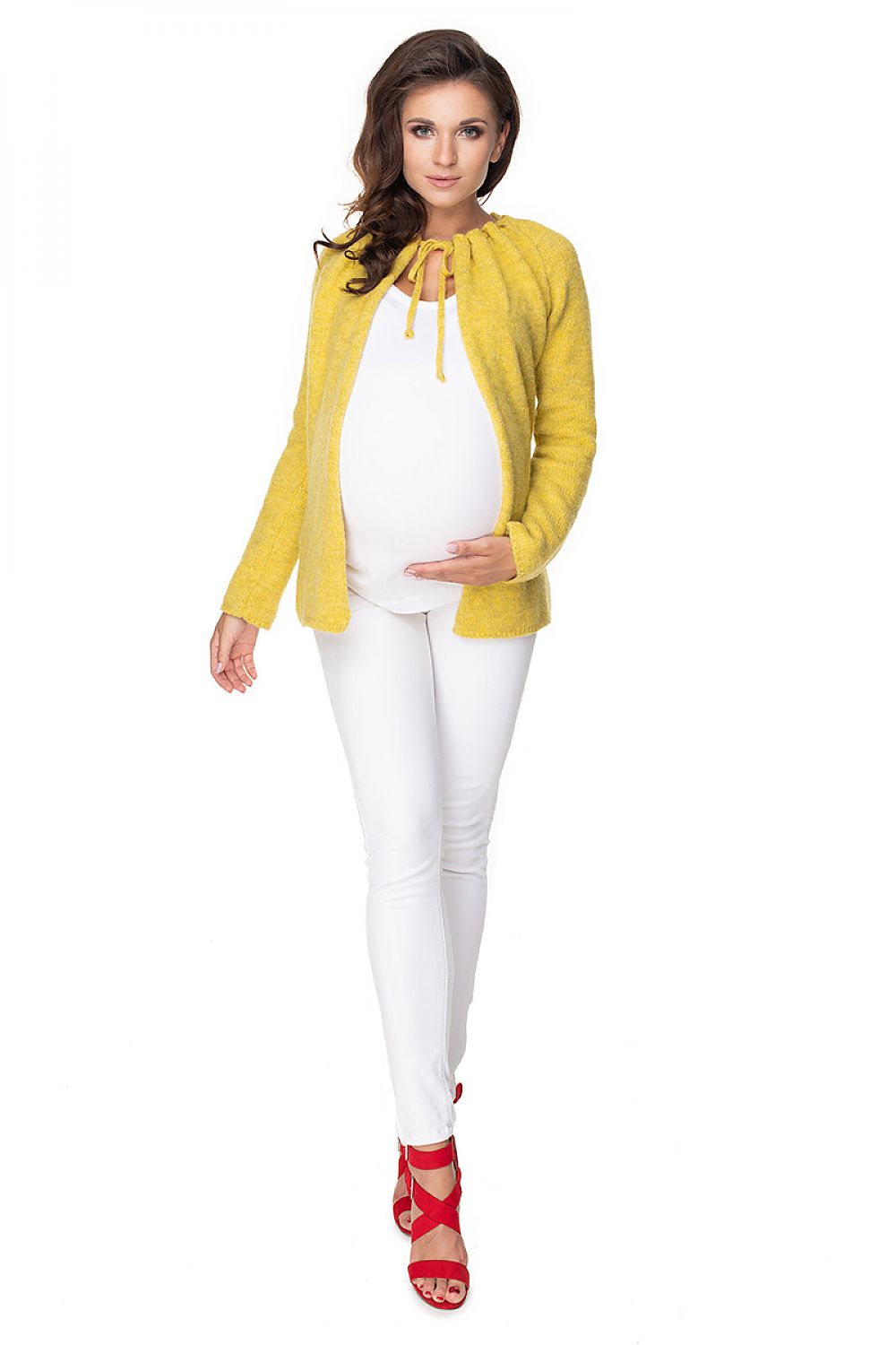 Back view of Luxurious PeeKaBoo Pregnancy Cardigan with Tie Neck and Long Sleeves, providing a glimpse of the elegant design and luxurious materials.