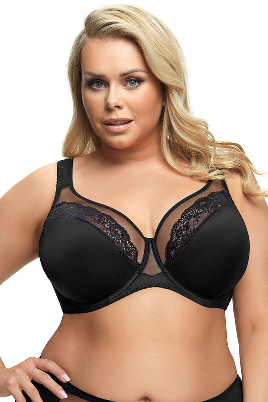 Gorsenia Elegant Black Soft Bra with Underwire and Delicate Lace Trim featuring luxurious design ideal for curvy comfort.
